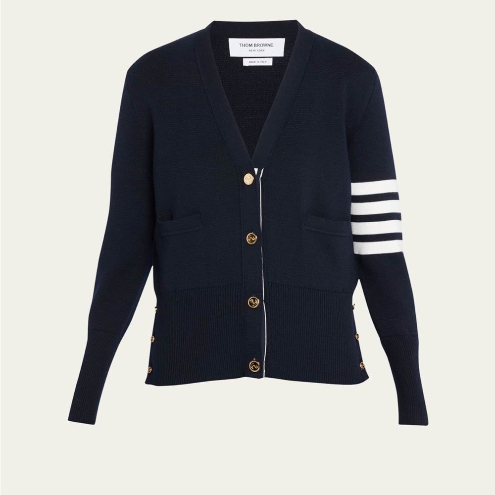 Thom Browne Navy Cardigan with White Sleeve Stripes and Gold Buttons